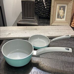 2 Mueller Lightly Used Aqua Green Nonstick Saucepan and Frying Pan Set!